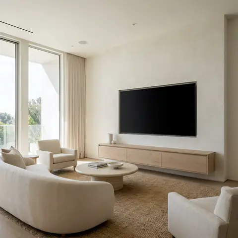 Minimal white room with a long sofa, floor-to-ceiling glass and a TV on the wall