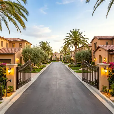 Gated Mediterranean community street with palms and an iron gate