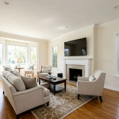 Traditional living room with a white fireplace, hardwood floors and a TV above