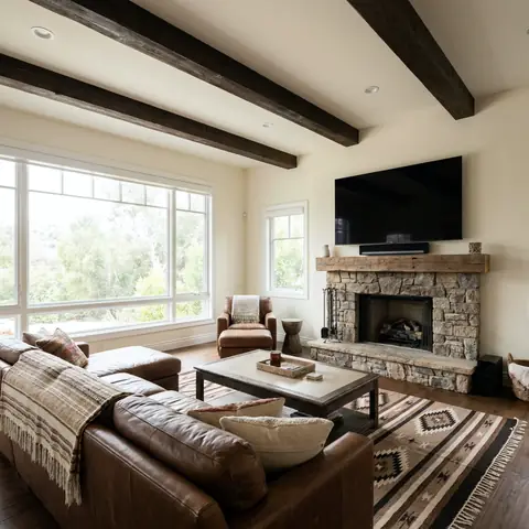 Great room with a stone fireplace, dark ceiling beams and a big screen
