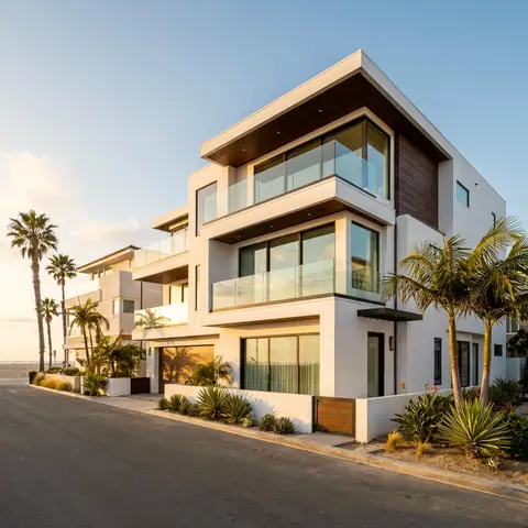 Modern three-story beach house with glass balconies on a sunny street