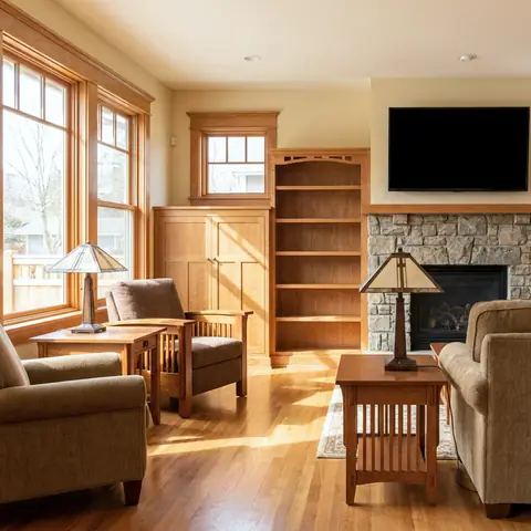 Craftsman living room with wood built-ins, a stone fireplace and a TV