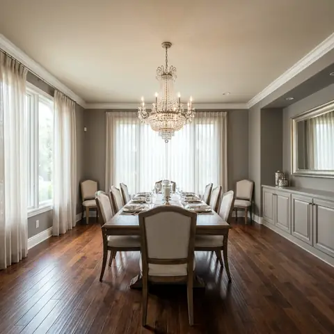 Formal dining room with a crystal chandelier and dark wood floors