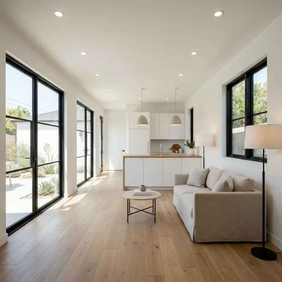 Bright open room with black-framed windows and a small kitchen at the back