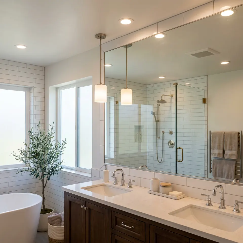 Bathroom with a double vanity, a glass shower and white tile