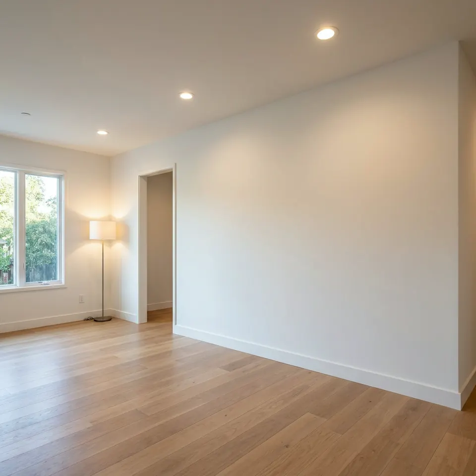 Light oak floor along a smooth white wall