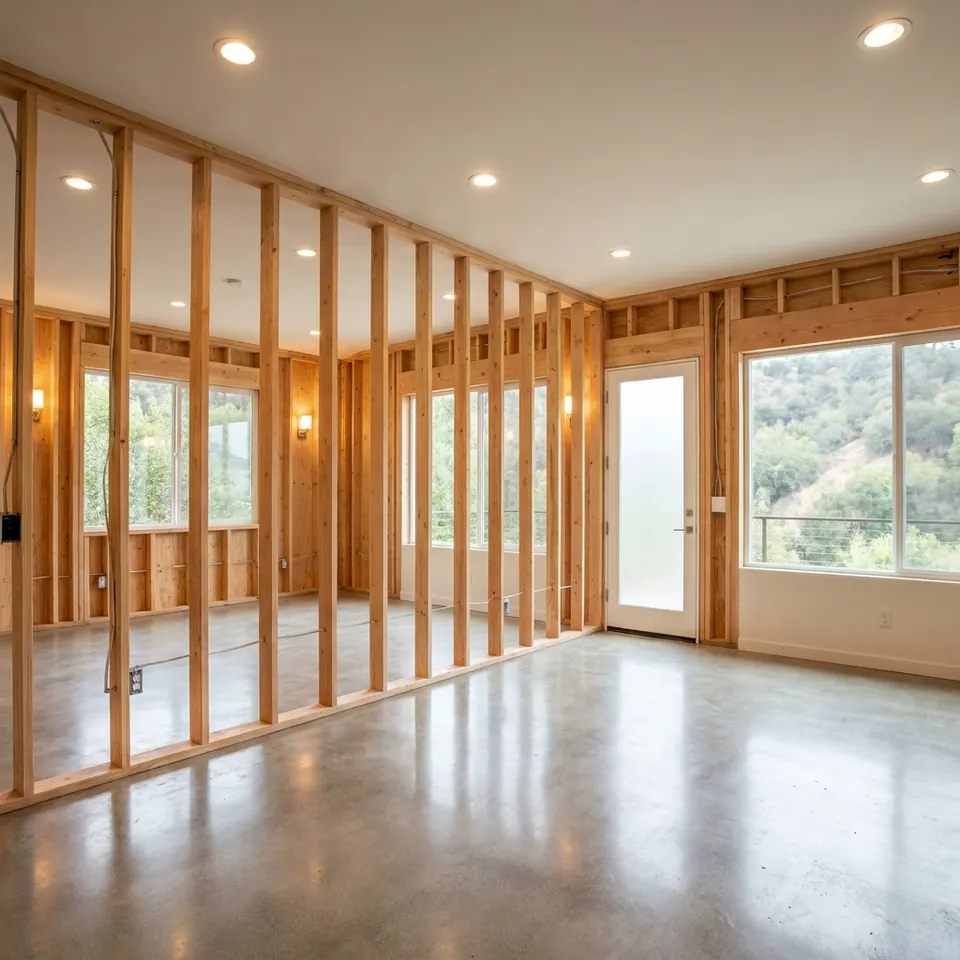 New wood wall framing inside a room with tall windows