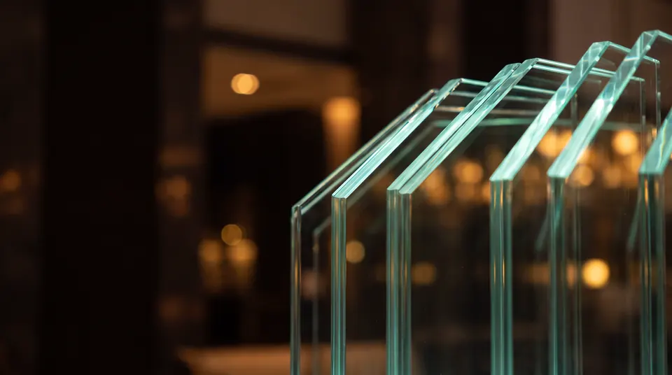 Edges of clear glass panes stacked in low light