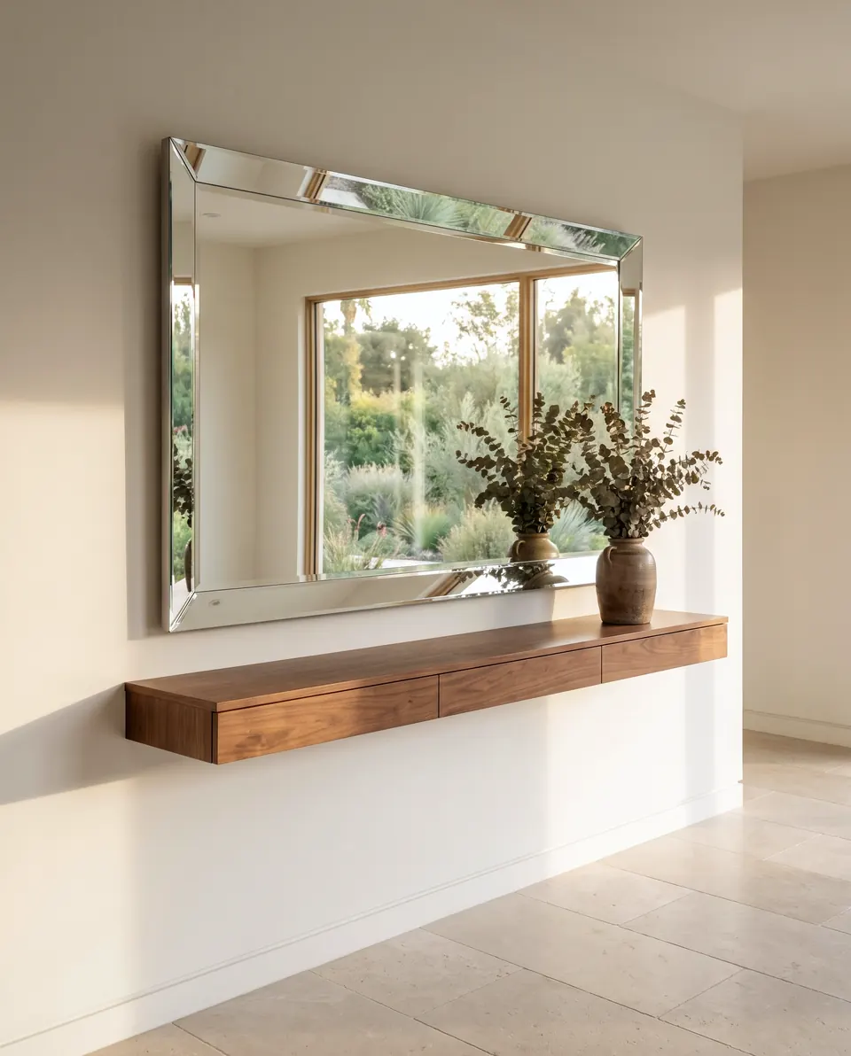 Large wall mirror above a floating wood shelf