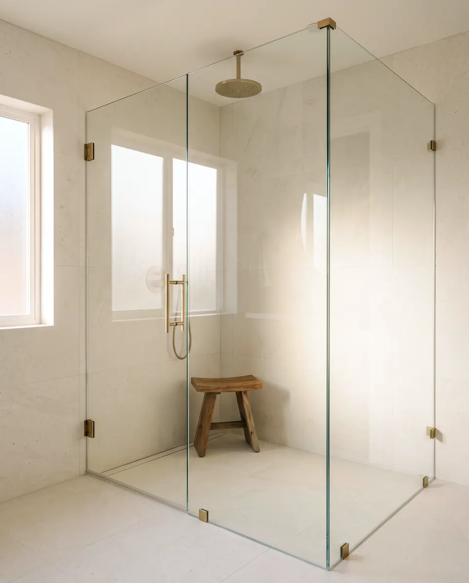 Frameless glass shower in a bright bathroom