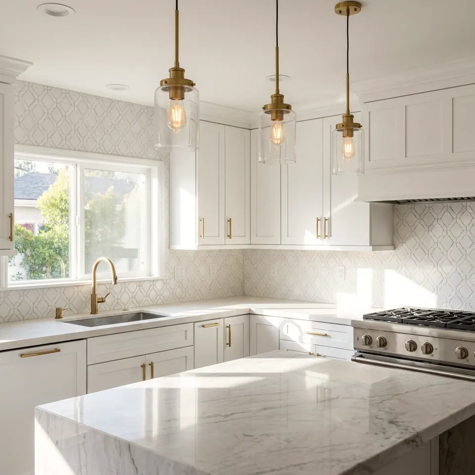 White kitchen with brass pendant lights over a marble island
