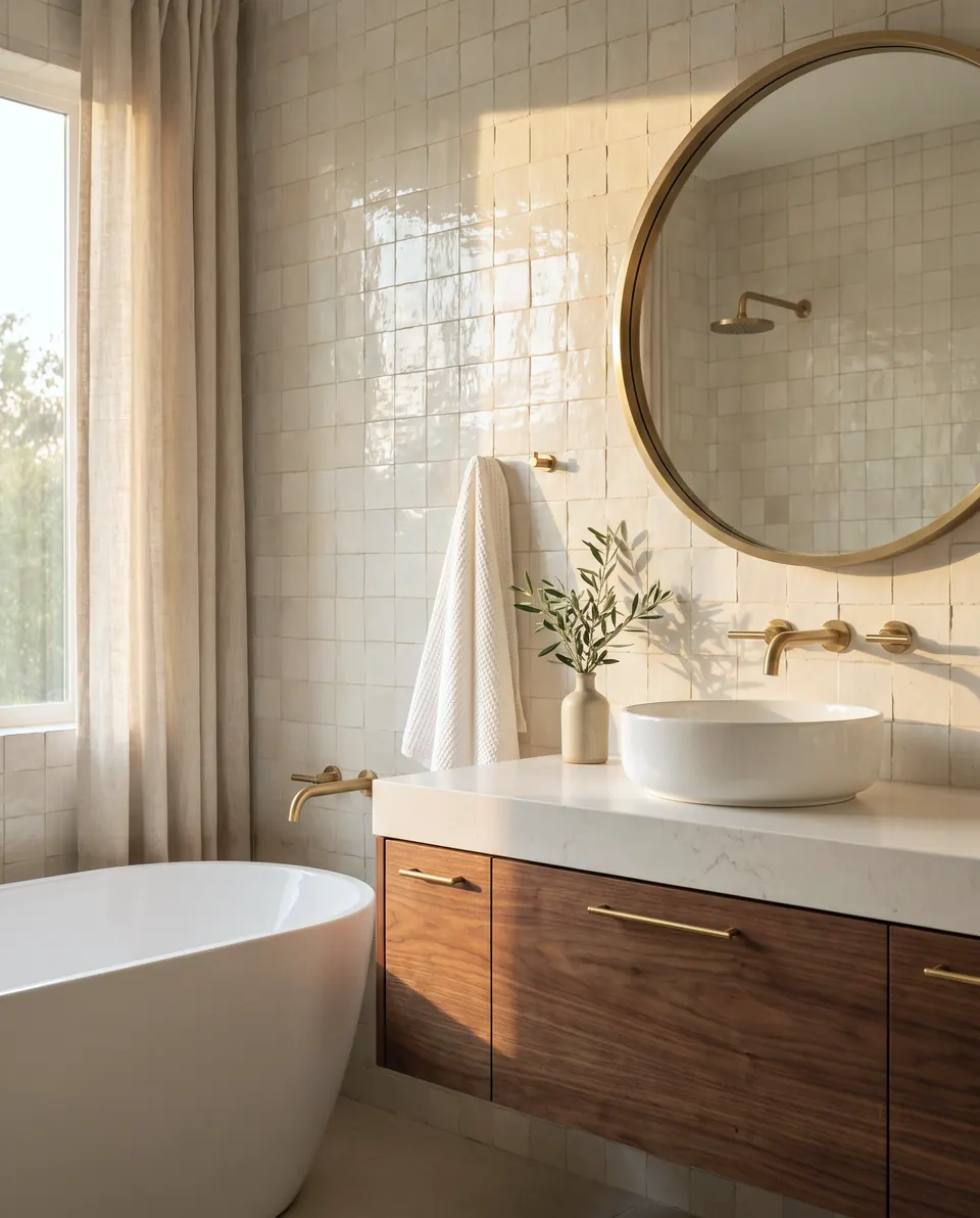 Bright bathroom vanity with a round mirror and a tub