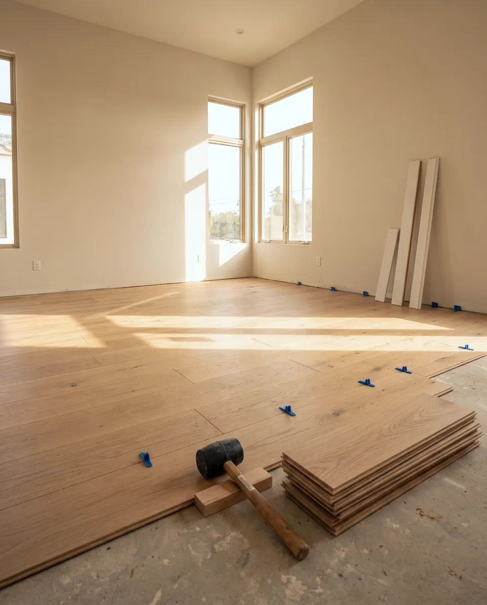 Light wood planks being laid in a sunny room