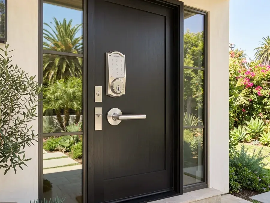 Black front door with a keypad deadbolt and a garden with pink bougainvillea
