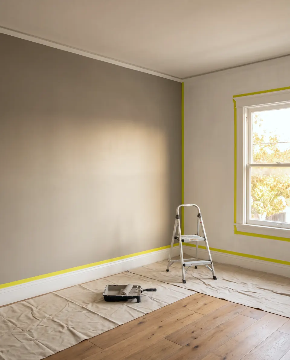 Painted wall with taped trim and a window in a bright room