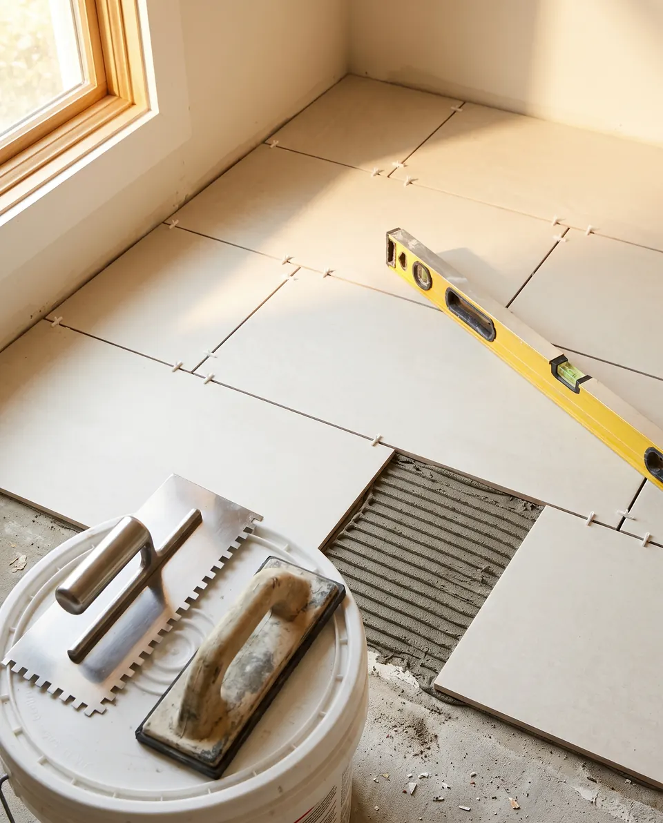 Clean white tile with fresh grout lines and a level