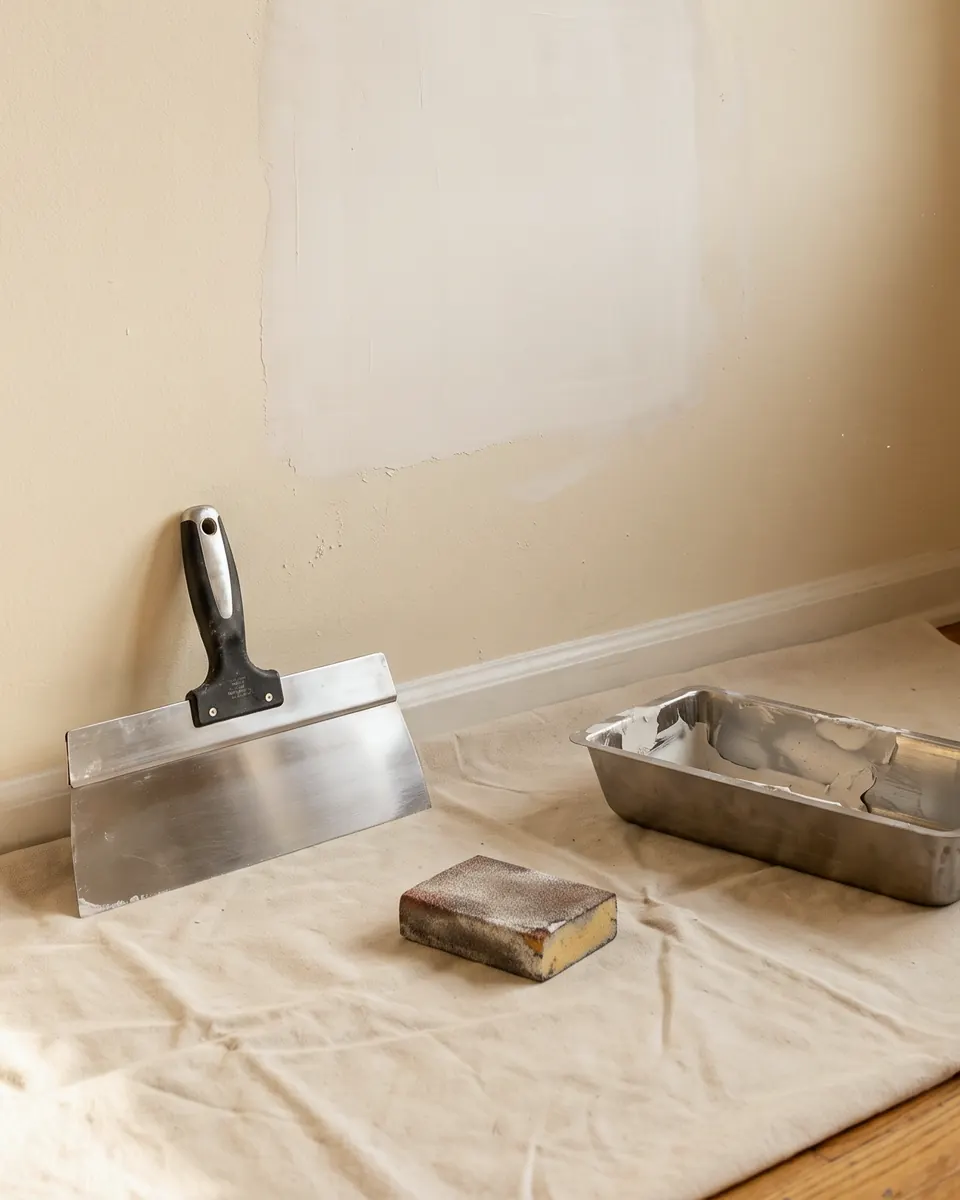 Putty knife, sanding block and a mud pan on a drop cloth by a freshly patched wall