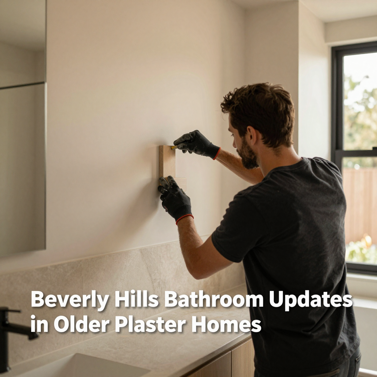 Vintage plaster bathroom with fresh tile, new vanity and updated fixtures in a Beverly Hills home