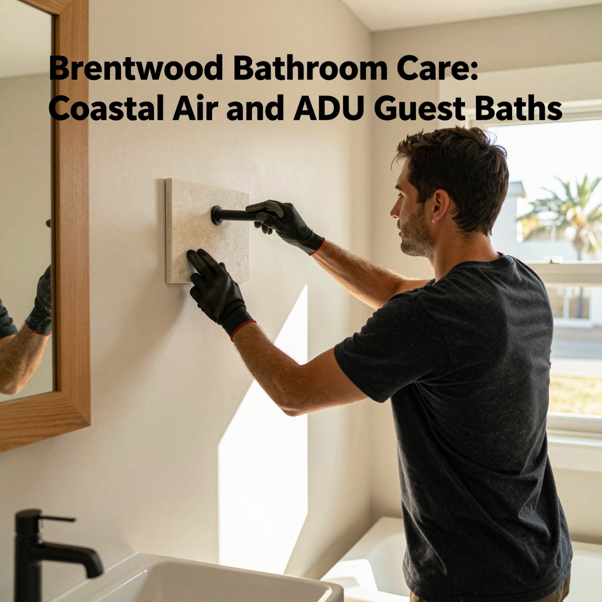 Bright Brentwood guest bathroom with white tile, glass shower, and a window open to coastal air