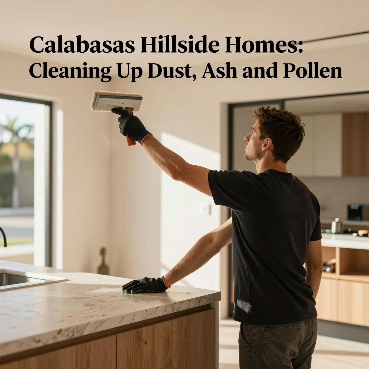 Sunlit Calabasas hillside home living room with fine dust on windowsills and a cleaning cloth