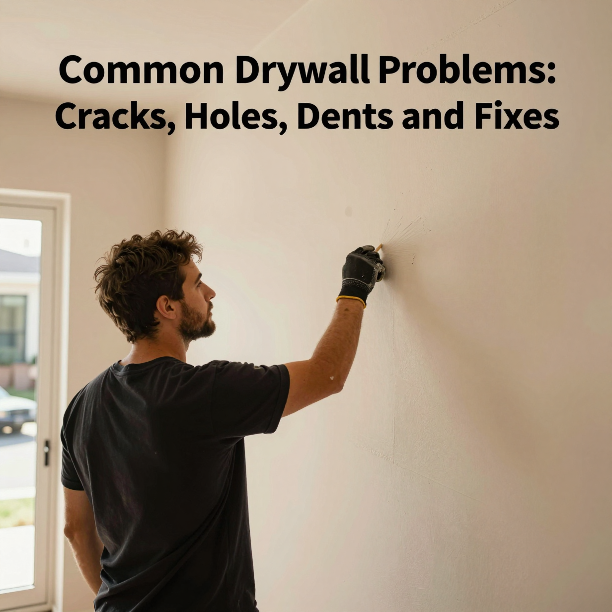 Handyman smoothing joint compound over a patched drywall hole in a living room wall