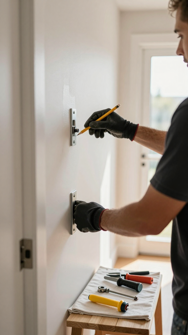 Handyman checking door alignment and strike plate position with a screwdriver