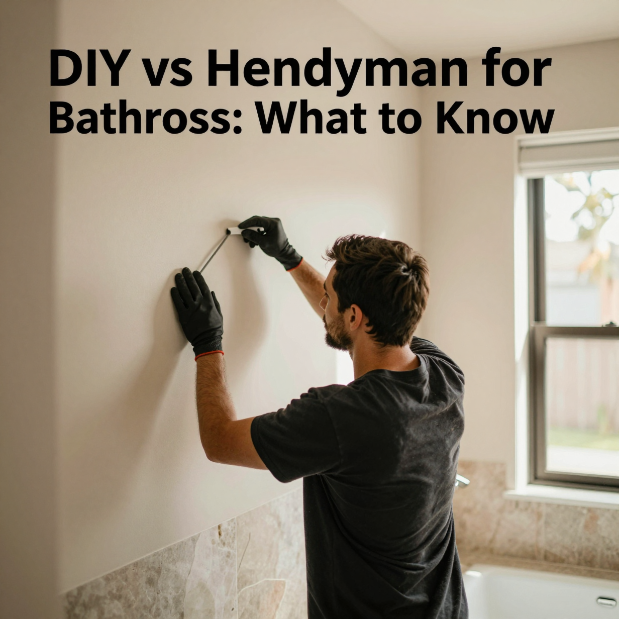 Homeowner's tools and caulk laid out beside a bathroom tub and vanity