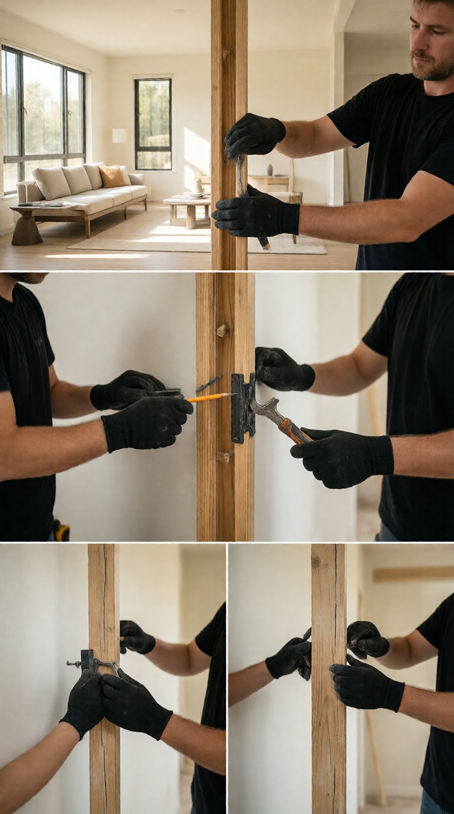Painter rolling fresh paint onto a living room wall beside taped trim and drop cloths