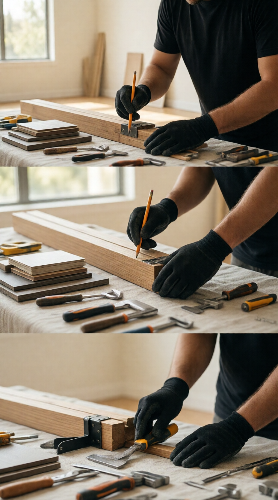 Ladder set up on a level surface beside a window while a person paints trim