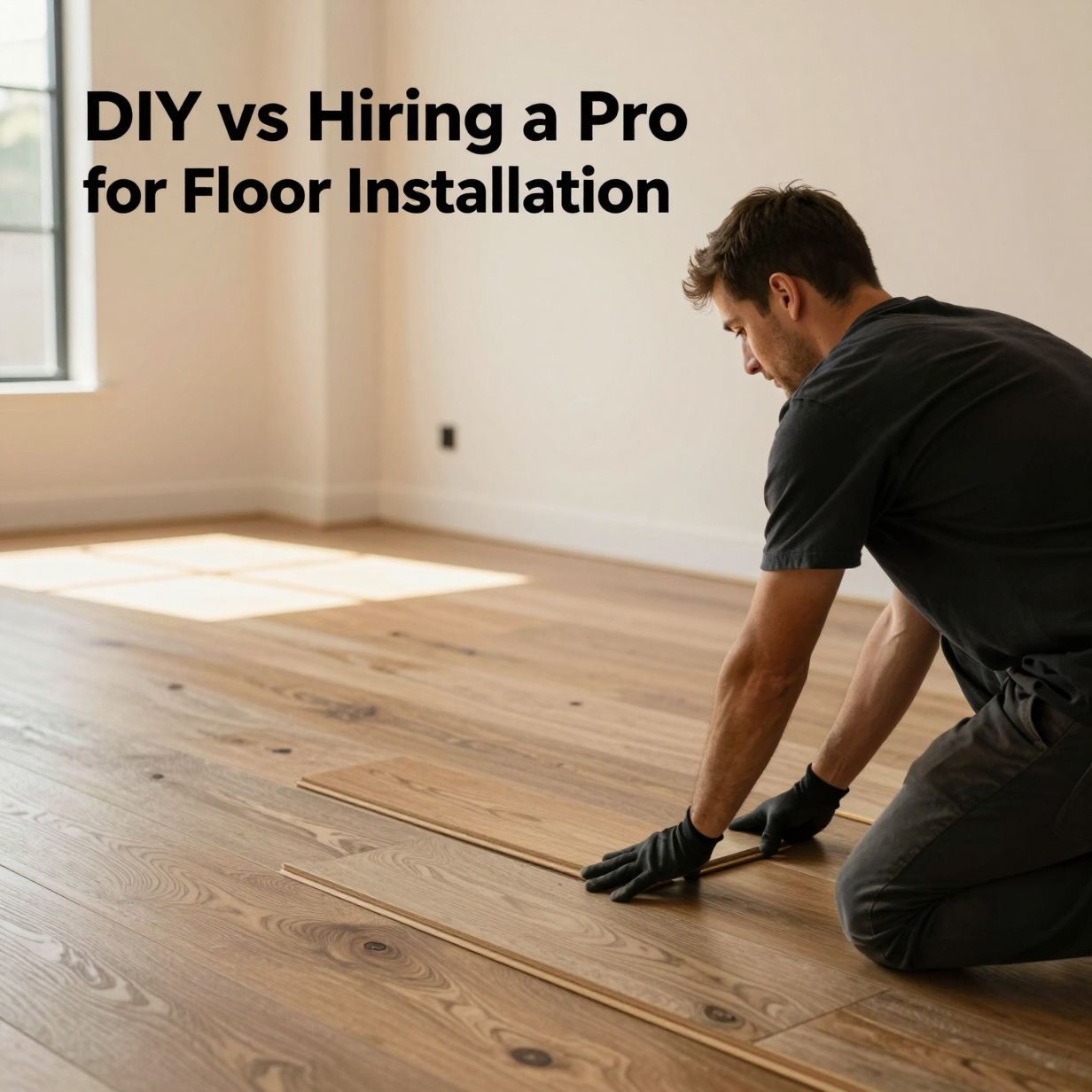 Half-finished living room floor with planks, tools, and a level laid out