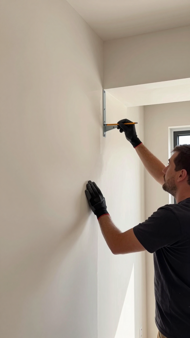 Handyman smoothing joint compound over a drywall patch in a Los Angeles living room