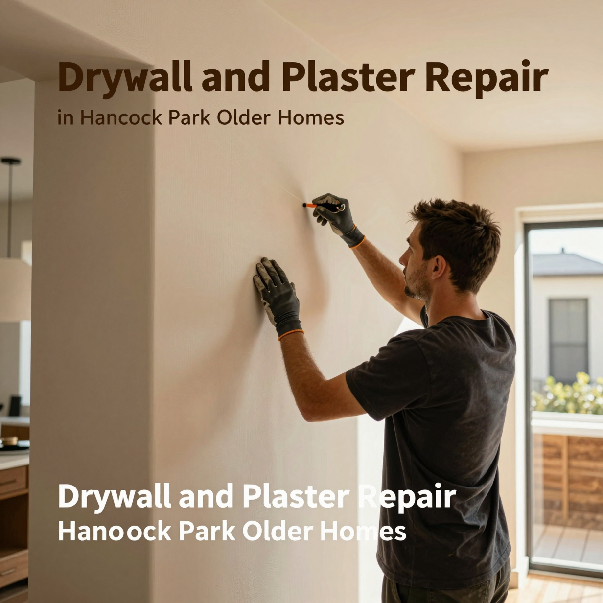 Handyman repairing a cracked plaster wall in a historic Hancock Park home interior