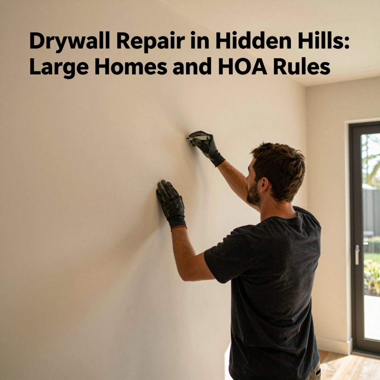 Handyman sanding a freshly patched drywall wall in a bright, spacious Hidden Hills living room