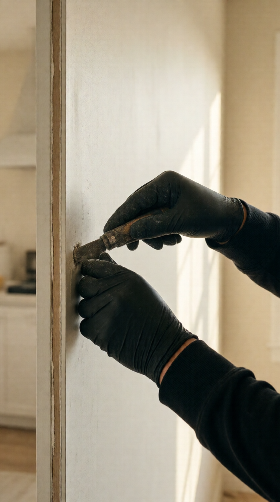 Close view of a skip-trowel texture being matched on a Pasadena bungalow wall with a wide putty knife