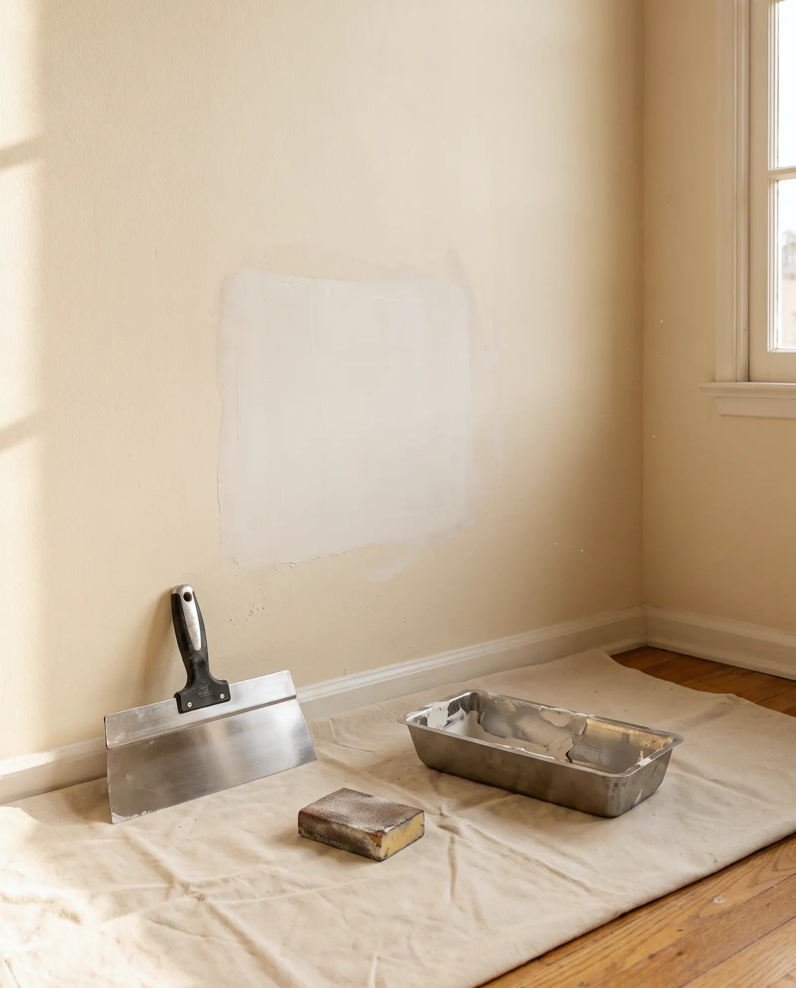 Homeowner photographing a cracked drywall seam with a flashlight held at an angle