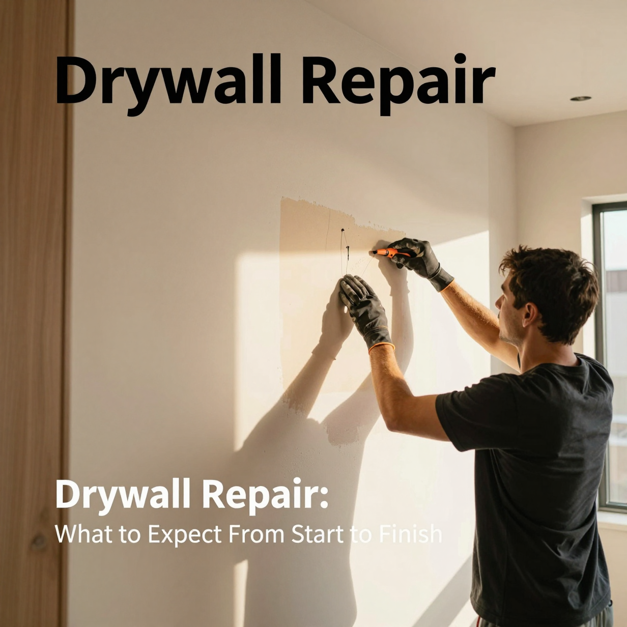 Handyman smoothing joint compound over a patched drywall section on a living room wall