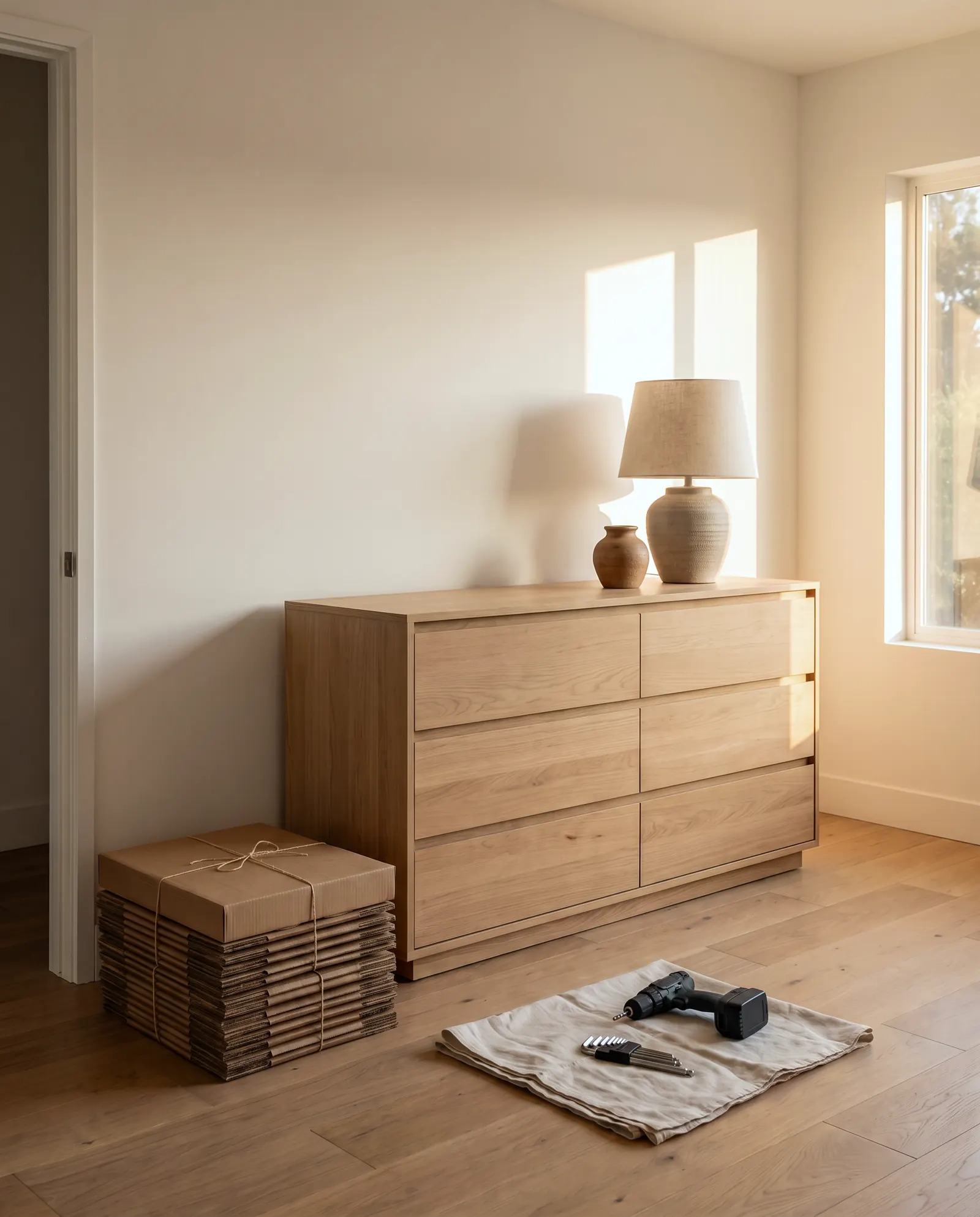 Tall bookcase anchored to a living room wall with a visible safety strap