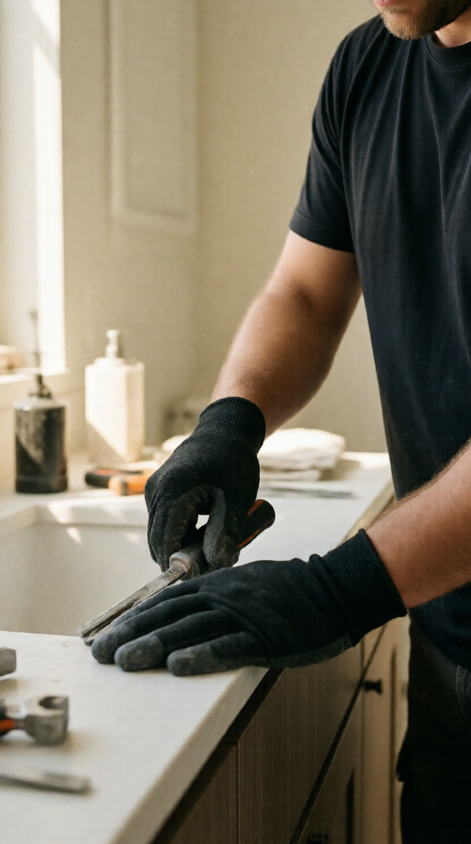 Homeowner removing a bathroom exhaust fan grille to clean dust from the housing