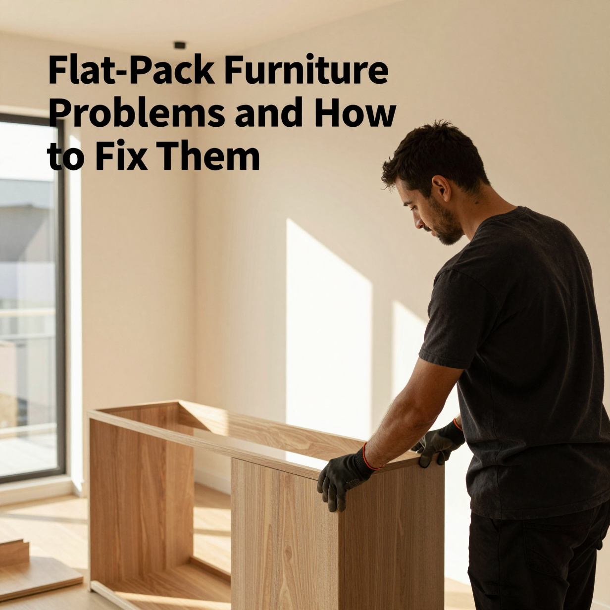 Partly assembled flat-pack bookcase with tools and hardware laid out on a living room floor