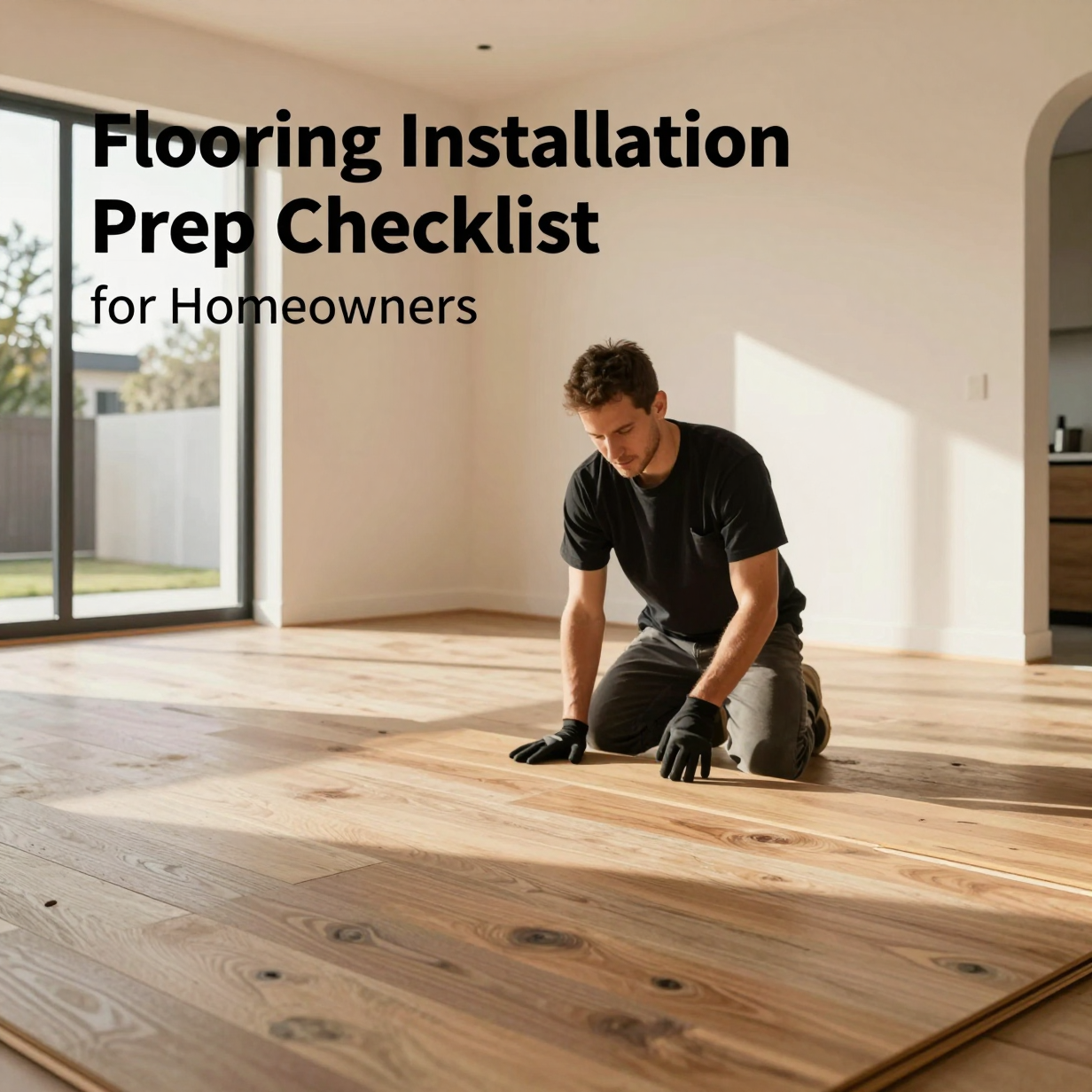 Empty living room with bare subfloor, stacked flooring boxes, and installation tools ready