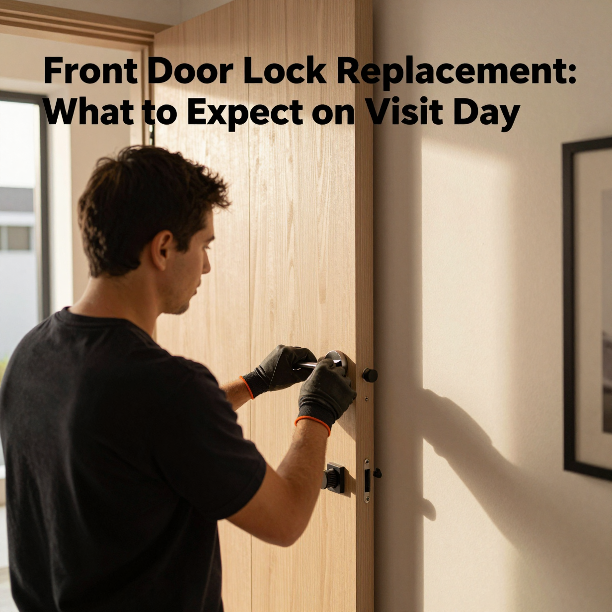 Handyman installing a new deadbolt on a wooden front door of a Los Angeles home