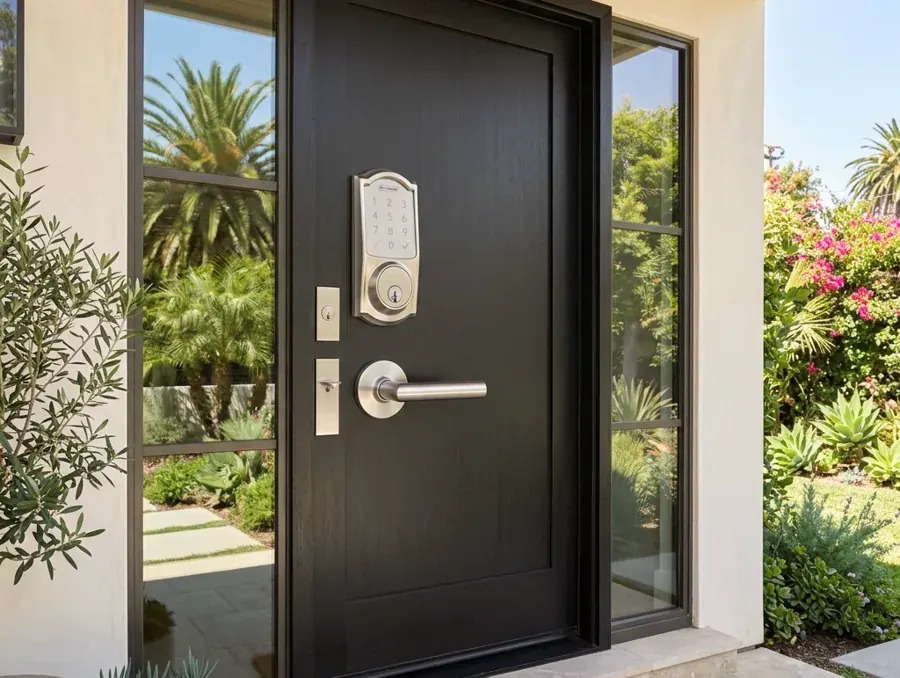 Close-up of a handyman measuring the backset and bore on a front door before installing a new lock
