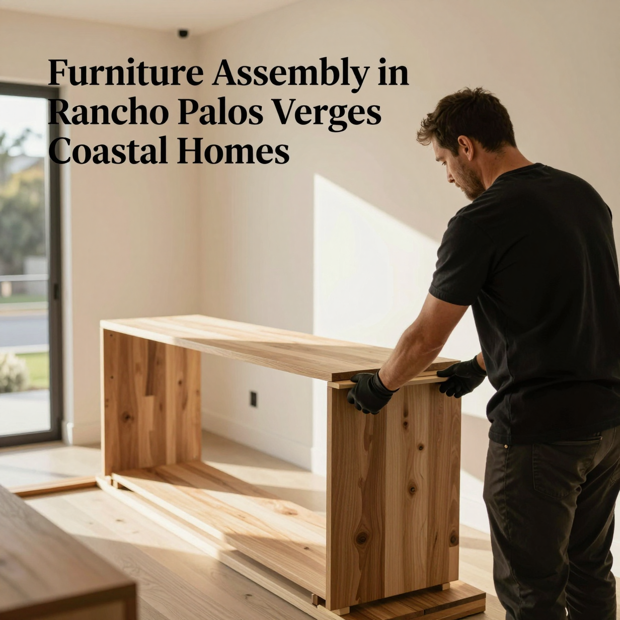 Handyman assembling a wardrobe in a bright coastal Rancho Palos Verdes bedroom