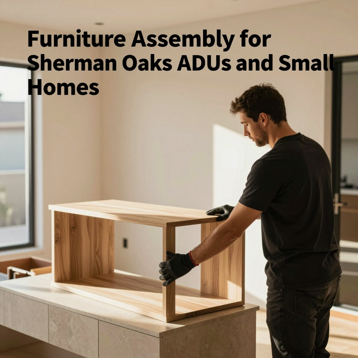 Compact ADU living area with freshly assembled sofa, shelving unit, and fold-down desk