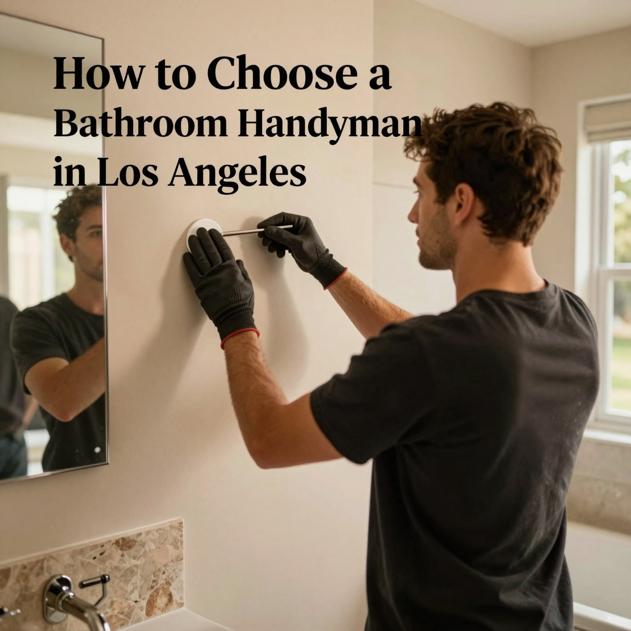 Handyman inspecting a tiled bathroom vanity and shower area in a Los Angeles home