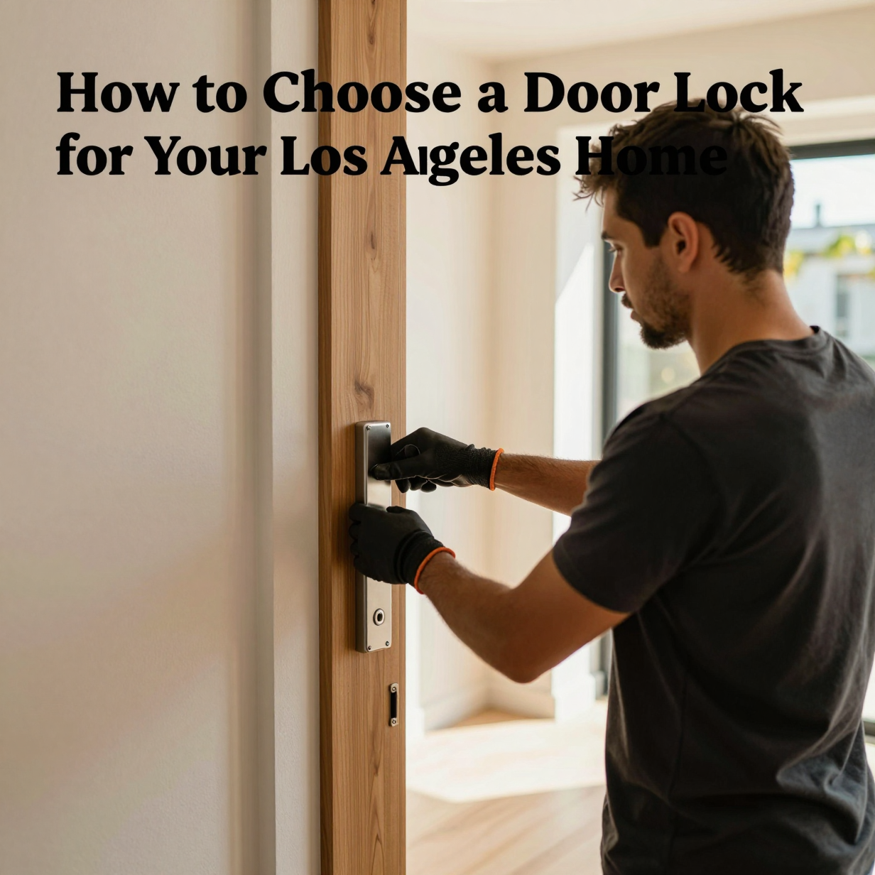 Handyman holding a new deadbolt beside a painted front door in Los Angeles