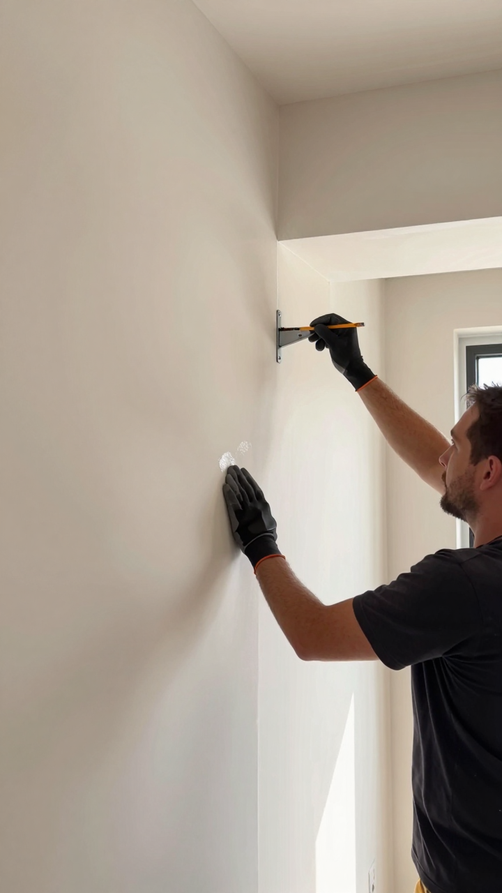 Handyman inspecting a patched drywall wall in a bright Los Angeles living room