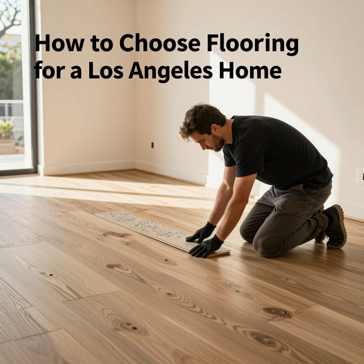 Sunlit Los Angeles living room with warm wood-look flooring and sample planks on the floor