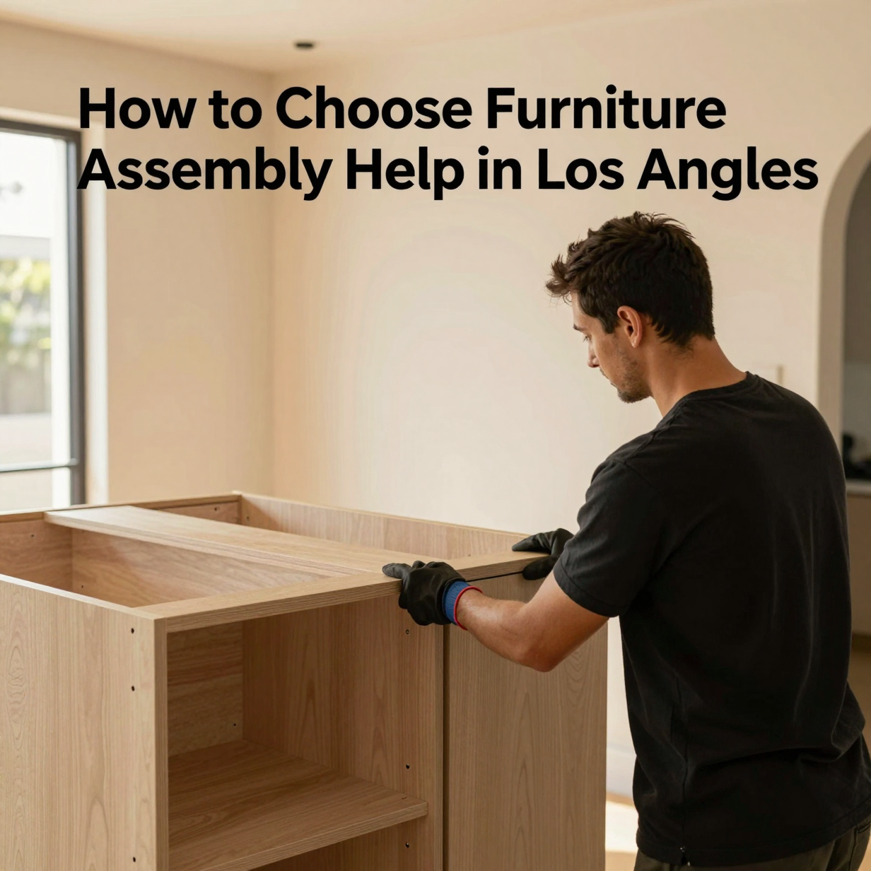 Handyman assembling a flat-pack wardrobe in a bright Los Angeles apartment bedroom