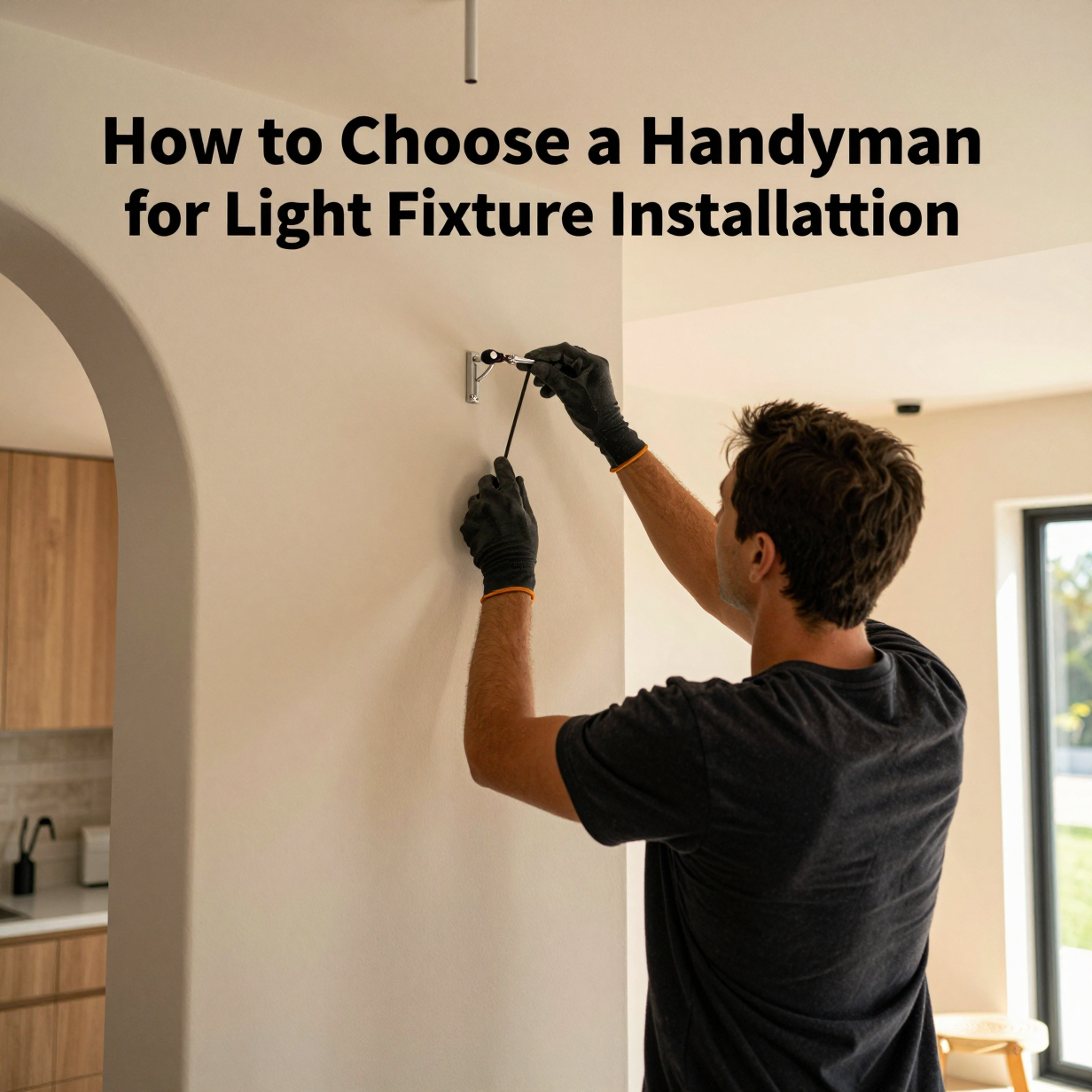 Handyman on a ladder installing a modern ceiling light fixture in a Los Angeles home